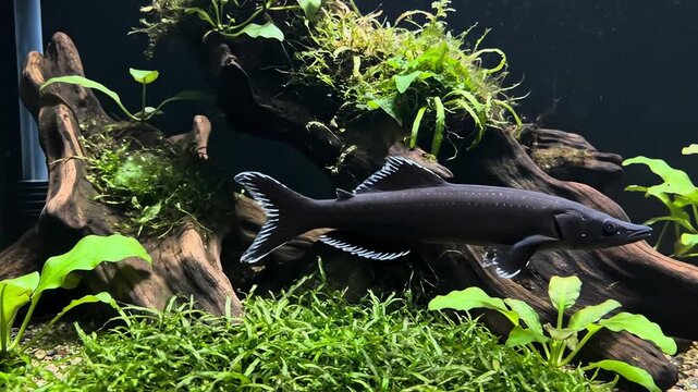 Black fish swimming in aquarium tank.