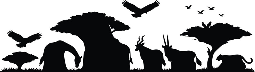 African Safari Wildlife Silhouettes, a striking black and white vector illustration of savanna animals and trees, perfect for nature-themed designs, travel brochures, and educational materials. © Shanza