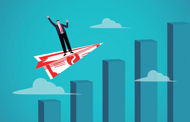 Business growth, increased profits, rising returns or turnover. A businessman stands atop a paper airplane made of cash, soaring over towering bar chart © wei wan