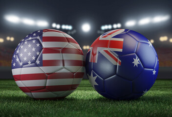 Two soccer balls in flags colors on a stadium blurred background. USA and Australia. 3D image. © Sasha Strekoza