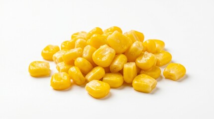 Fototapeta premium Close-up view of a heap of fresh and vibrant corn kernels. isolated on solid white background