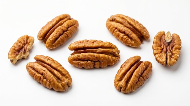 Freshly harvested pecans arranged artfully, ready for consumption. isolated on solid white background