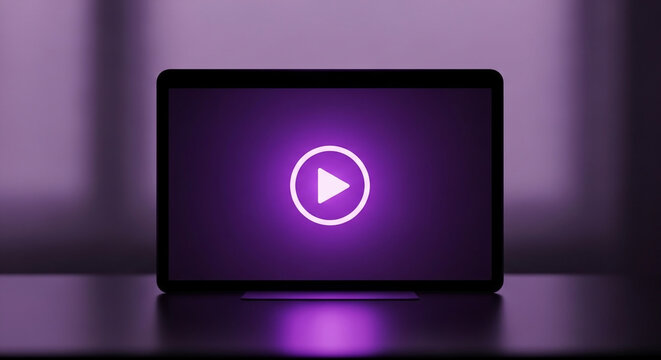 Modern tablet computer resting on a black surface with a glowing violet play icon on screen, ideal for streaming media and online education themes.