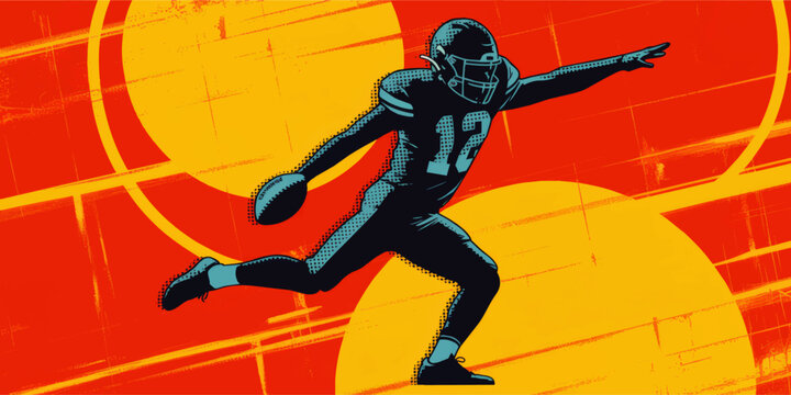 Dynamic American football player silhouette running with ball, retro comic style sports illustration on bold red and yellow background
