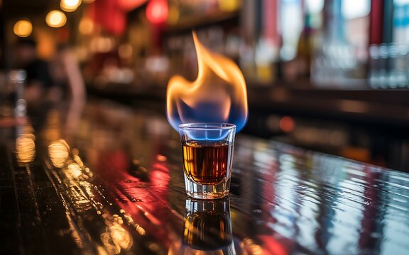 Flaming B52 Shot Cocktail with Blue and Orange Flames on a Bar Counter