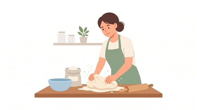 A illustration 2d vector style of a woman happily kneading dough.  isolated on solid white background