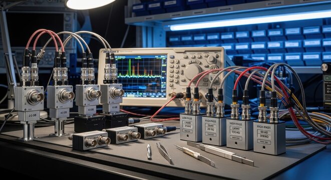 Sophisticated electronic signal attenuators and oscilloscope in a modern laboratory test setup