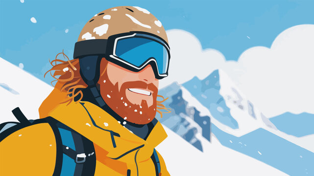 Flat illustration of a male skier on snowy mountain terrain