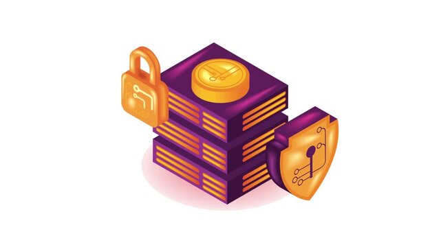 Secure digital data storage concept with stacked servers, coin, padlock and shield.