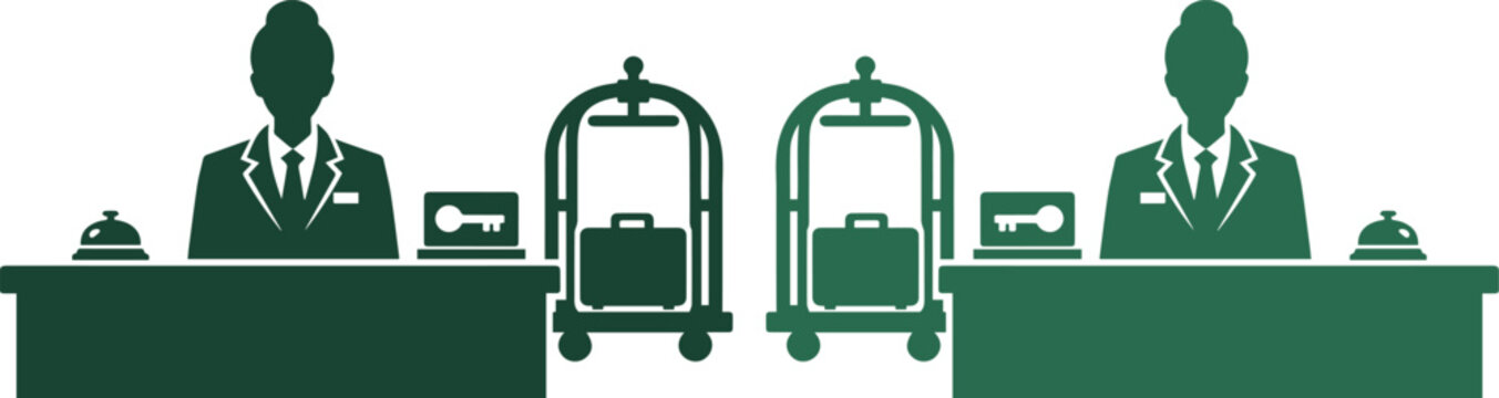 Hotel Reception Desk and Bellhop Service Icons, Hospitality Industry Vector Set. Professional Concierge and Luggage Cart Silhouettes for Travel and Accommodation Business.