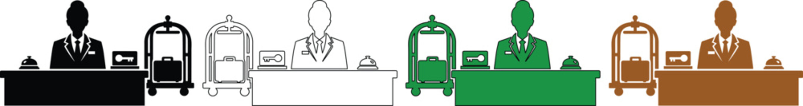 Hotel Reception and Bellhop Service Icons. Modern Hospitality Industry Vector Set for Travel and Accommodation Businesses. Black, White, Green, and Brown Silhouettes.