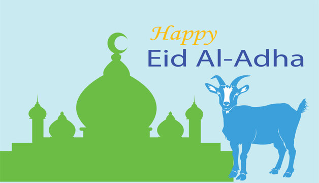Happy Eid Al-Adha Greeting Card Featuring a Mosque Silhouette and a Blue Goat