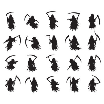 silhouette of the angel of death, the grim reaper carrying a sword, floating without legs, sickle