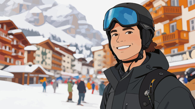 Smiling Male Skier At Alpine Winter Resort Town