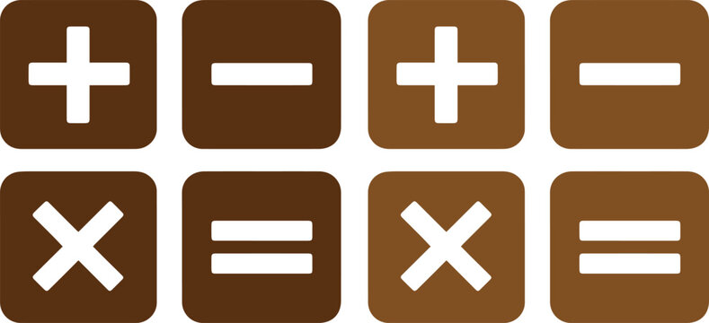 Mathematical operation icons, brown square calculator buttons, basic arithmetic symbols for web design and education, vector set.