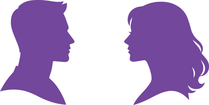 Purple male and female silhouettes facing each other, a vector illustration of gender profiles, ideal for relationship, dating, or identity concepts.