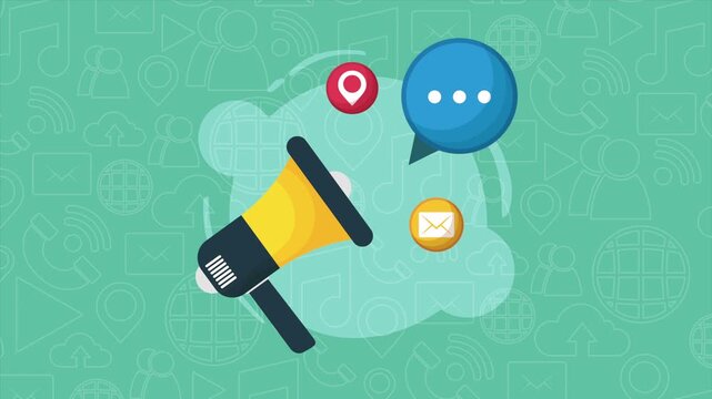 Dynamic megaphone with social media icons and speech bubble animating on patterned background.