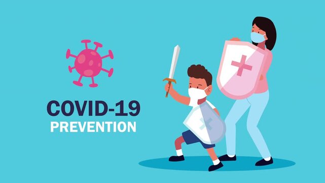 Mother and son in face masks acting as superheroes fighting off coronavirus with shields and sword motion graphic.
