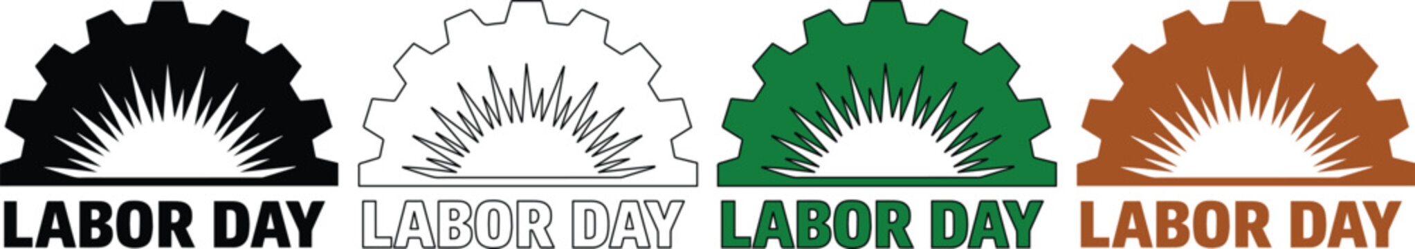 Labor Day vector emblem set, industrial gear and sunburst graphic, black, outline, green, and brown variations, perfect for holiday banners and promotions
