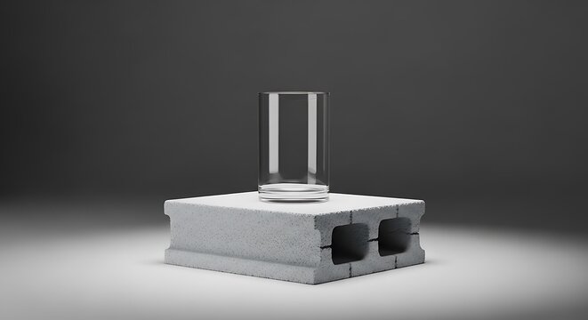 A minimalist 3D illustration of a clear transparent drinking glass placed on a textured gray concrete cinderblock pedestal showcasing industrial cinderblocks.