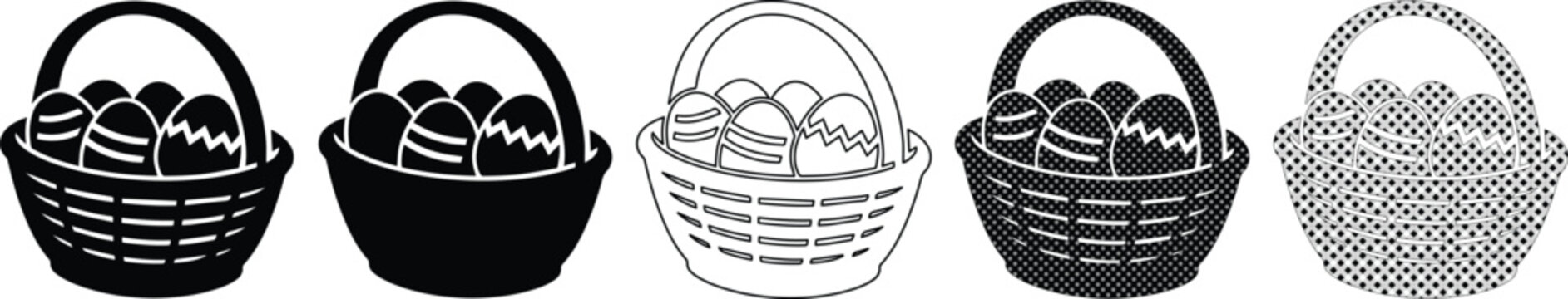 Easter Basket Vector Icon Set. Traditional holiday egg baskets, black and white line art, solid fill, and halftone styles. Spring celebration graphics for web, print, and design projects.