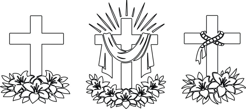 Religious Crosses Vector Set, three Christian cross illustrations with lilies and draped fabric, spiritual symbols for Easter, funerals, and memorial designs, black and white line art collection