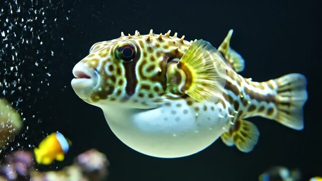 Pufferfish swimming in dark water.