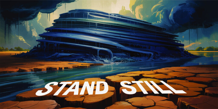 Futuristic flooded structure in surreal landscape with cracked earth, dramatic storm clouds and bold STAND STILL typography