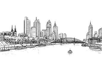 Fototapeta premium Sketch of city skyline with river and boat