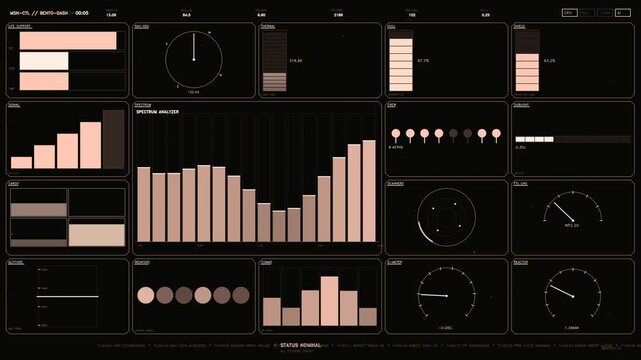 Futuristic spacecraft dashboard telemetry display with peach tactical interface data and mission control readout