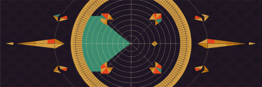 Futuristic radar interface with geometric ships and circular sonar waves on dark navy background, abstract sci fi technology banner