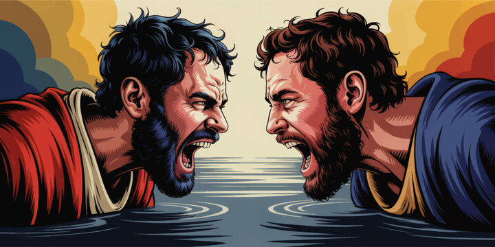 Intense face off between angry men shouting across water, dramatic comic style illustration of conflict, argument, rivalry