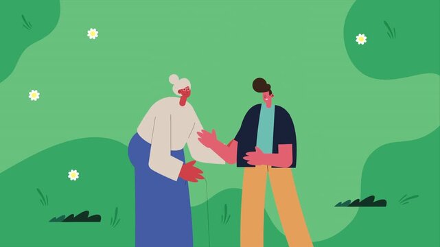 Animated young man helping elderly woman outdoors in green garden landscape with flowers.