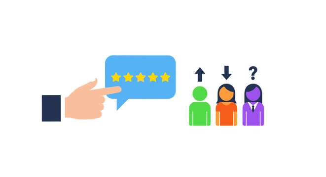 Customer satisfaction survey with star rating and feedback icons, representing business success and client evaluation.