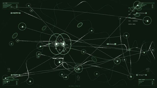 Futuristic biological HUD interface displaying cellular mitosis and synthetic tissue telemetry data visualization