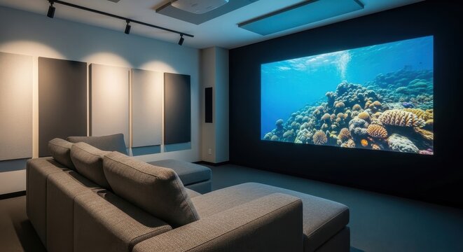 Comfortable L-shaped grey fabric sofa in a modern home theater room with a large underwater projection screen.