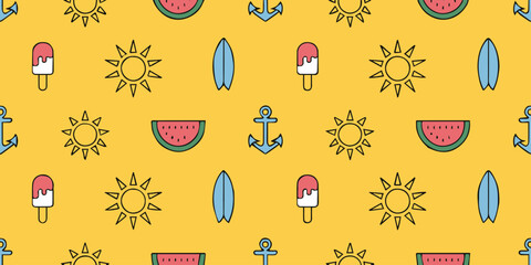 Naklejka premium summer pattern seamless vector icons sun surfboard watermelon popsicle