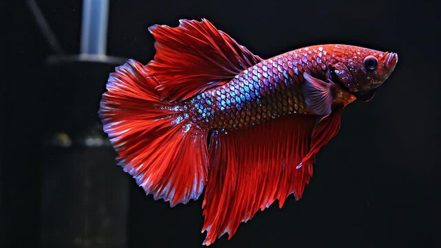 Vibrant red betta fish swimming solo.