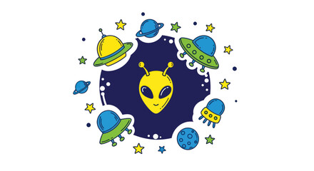 Cute Alien Head and UFOs in Space with Stars and Planets © Kasino