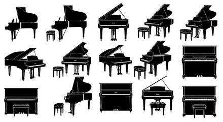 Grand and Upright Pianos Silhouette Collection, Musical Instruments Set © Kasino