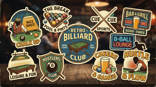 Billiard club stickers in retro cartoon style