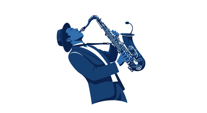 Jazz musician playing saxophone, stylish silhouette, blue tones, white background