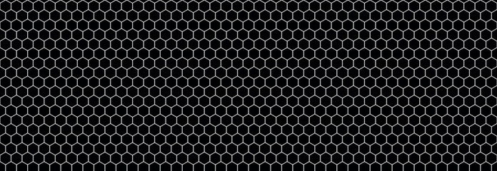 Seamless hexagon grid pattern with thin white lines on black background, modern geometric texture for technology branding, futuristic wallpapers, digital surfaces, textile prints, packaging design © SpainArts