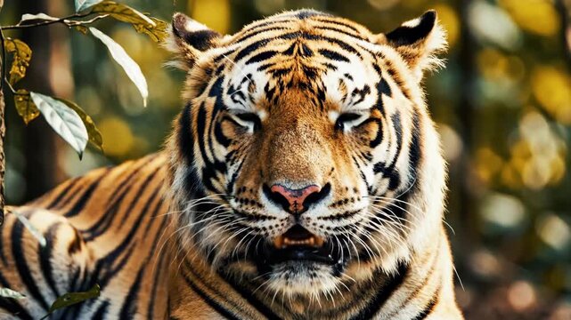Close Up Bengal Tiger Resting in Forest with Golden Sunlight 4K