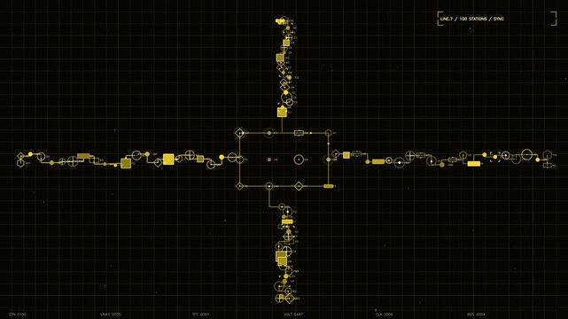 Yellow futuristic technical interface with complex telemetry data and geometric schematic symbols on grid background