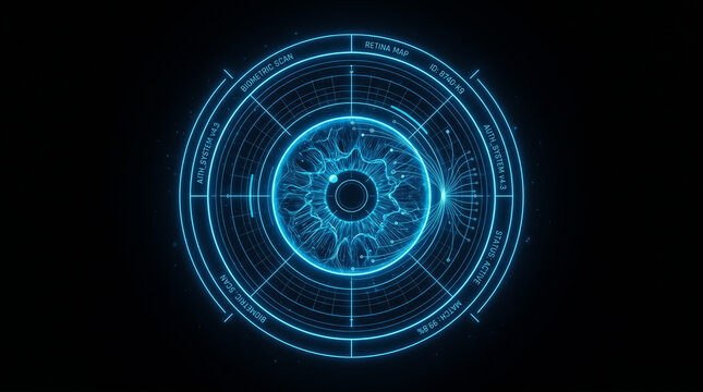 Digital eye scanner interface displays a glowing blue biometric retina map for advanced security authentication processes within a futuristic high tech surveillance system designed for modern identity