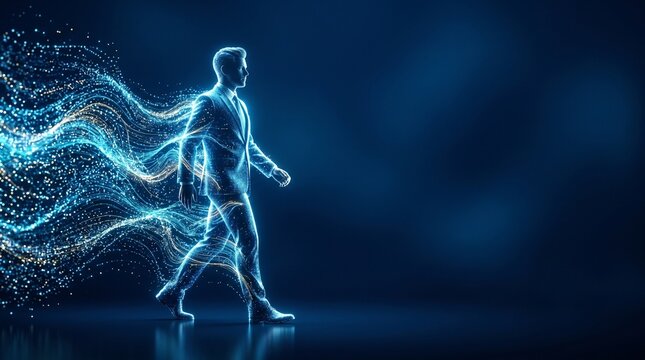 Glowing digital businessman walking forward with blue particle motion trail