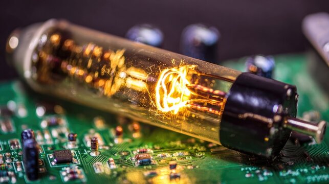 eeprom. Industrial fuse tube glowing on a circuit board with electrical components. symbolizing technological progress and responsible innovation.