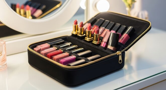 Plush black velvet makeup case with gold zipper elegantly organized with lipsticks and beauty products