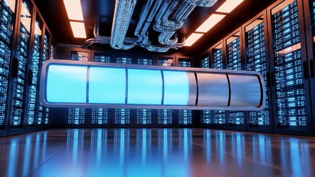 A futuristic server room with a large blue battery icon